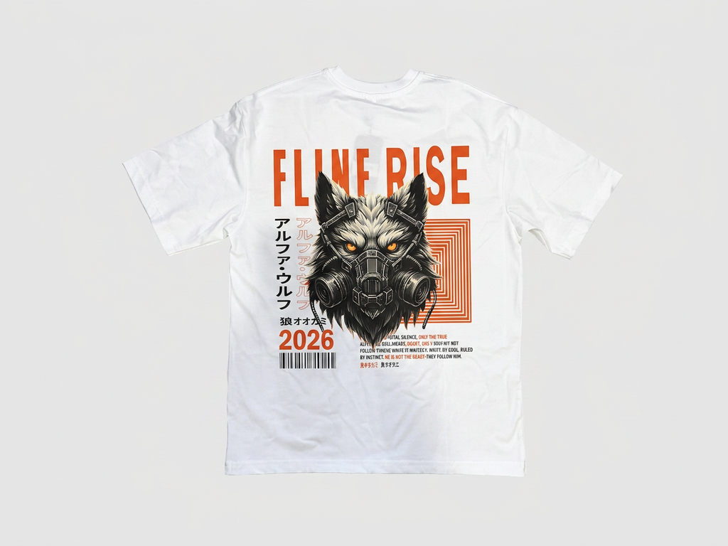 A white short-sleeve t-shirt with a large graphic print on the back, featuring a black wolf with glowing orange eyes, orange text reading 'FLINE RISE' and '2026', and Japanese characters, laid flat on a light gray background.